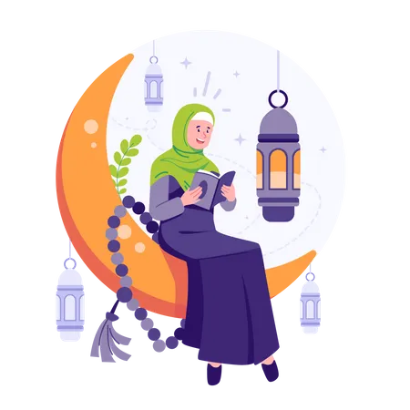 Mujer musulmana leyendo el corán  Ilustración