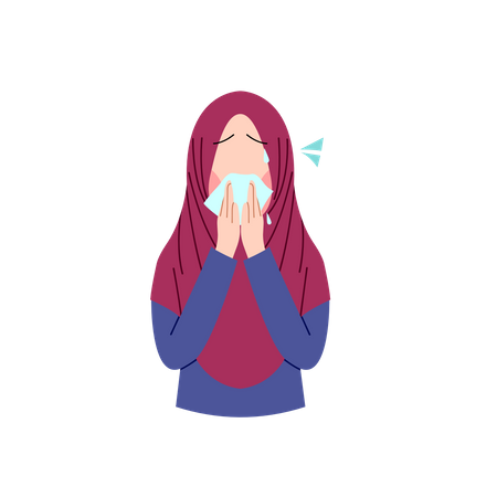 Mujer musulmana secándose la tos con un pañuelo de papel  Ilustración