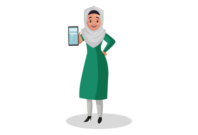 Mujer musulmana mostrando móvil  Ilustración