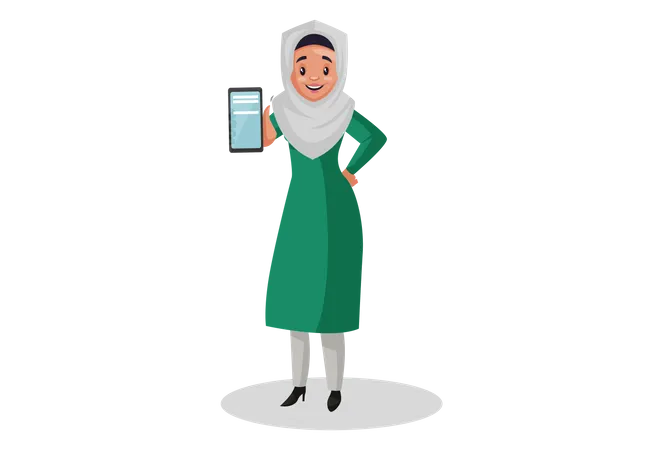 Mujer musulmana mostrando móvil  Ilustración