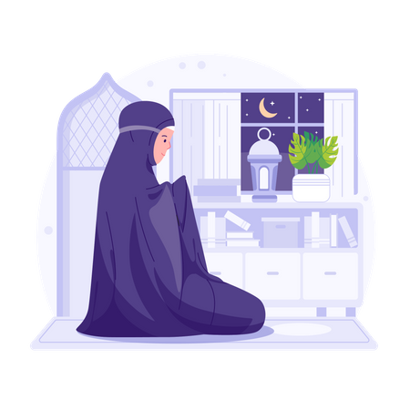 Mujer musulmana rezando en Ramadán  Ilustración