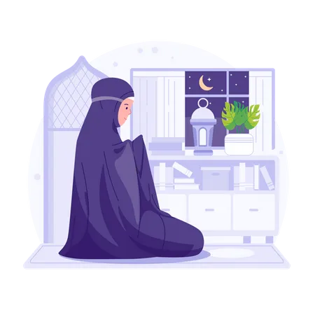 Mujer musulmana rezando en Ramadán  Ilustración