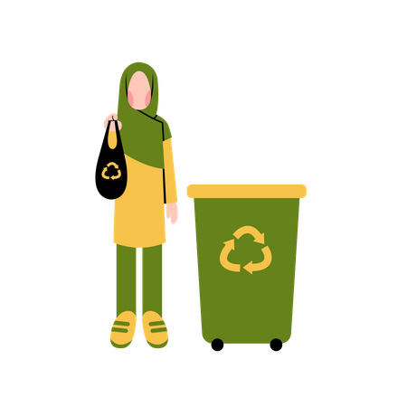 Mujer musulmana reciclando basura  Ilustración