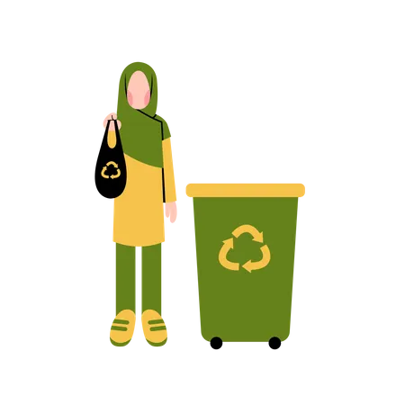 Mujer musulmana reciclando basura  Ilustración