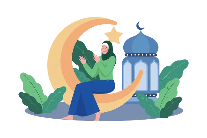 Mujer musulmana reza en la noche del Ramadán  Ilustración