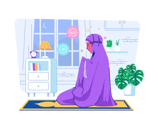 Mujer musulmana rezando en casa  Ilustración