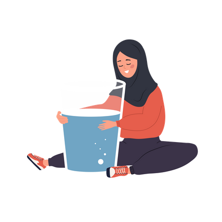 Mujer musulmana sedienta abraza un gran vaso de agua pura  Ilustración