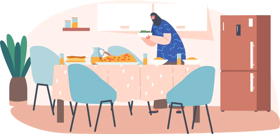 Personaje Femenino Musulman Sirviendo La Cena En La Mesa Mujer Arabe Usa Hijab Nacional Y Pone Comidas En La Mesa De La Cocina En El Interior De La Casa Iftar Cena De Ramadan Tradicion Familiar Ilustracion De Vector De Personas De Dibujos Animados Ilustración
