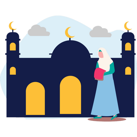 Mujer musulmana sosteniendo alfombra de oración  Ilustración