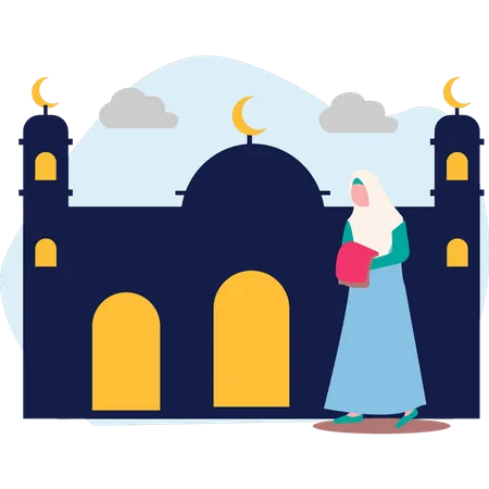 Mujer musulmana sosteniendo alfombra de oración  Ilustración