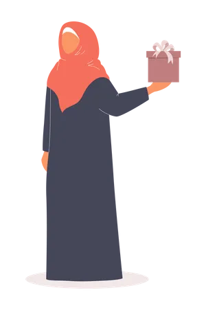 Mujer musulmana sosteniendo caja de regalo  Ilustración