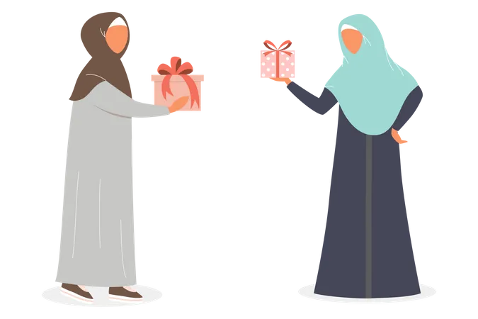Mujer musulmana sosteniendo caja de regalo  Ilustración