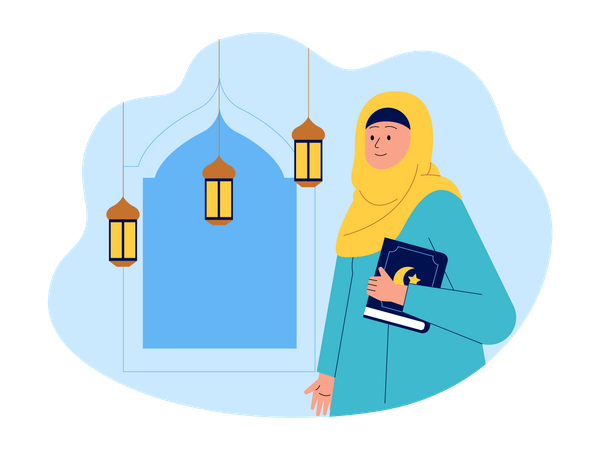 Mujer musulmana sosteniendo el libro del Corán  Ilustración
