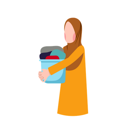 Mujer musulmana, tenencia, cesta de la ropa sucia  Illustration
