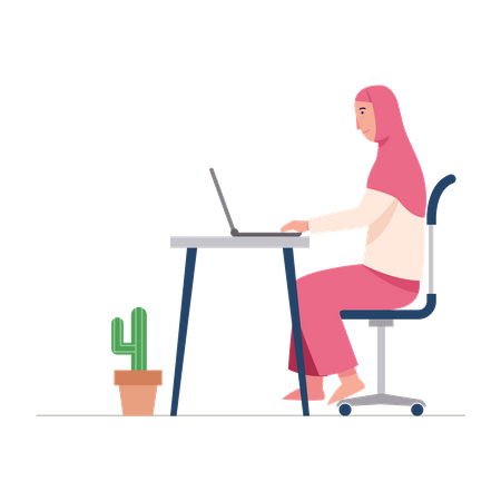 Mujer musulmana trabajando en una computadora portátil  Ilustración