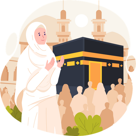 Mujer musulmana viste ropa ihram con una Kaaba  Ilustración