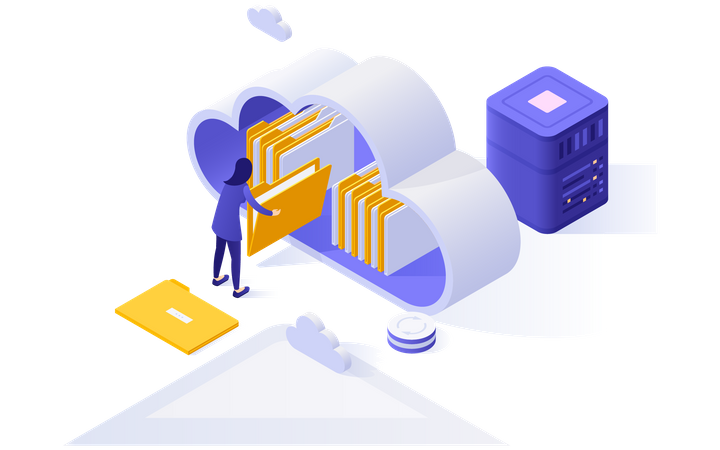 Mujer navegando por archivos desde la nube  Illustration