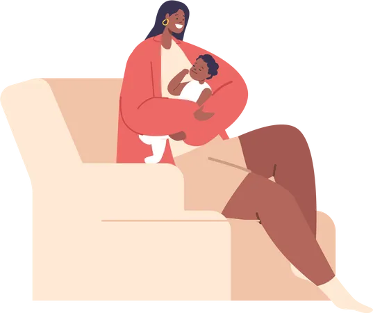Orgullosa Mujer Negra Acunando A Su Precioso Recien Nacido Mientras Esta Sentada En Un Comodo Sillon Exudando Calidez Amor Y Tranquilidad En Un Tierno Momento De Maternidad Ilustracion De Vector De Personas De Dibujos Animados Ilustración