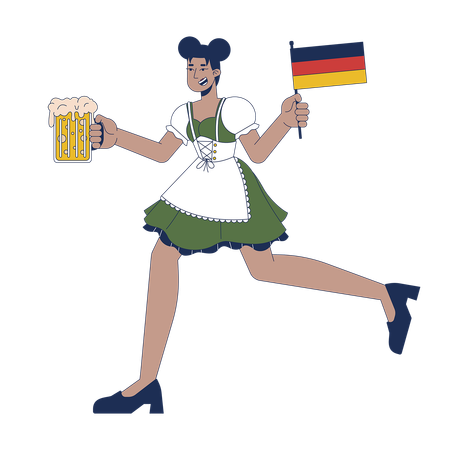 Mujer negra feliz corriendo con un oso y la bandera de Alemania  Ilustración