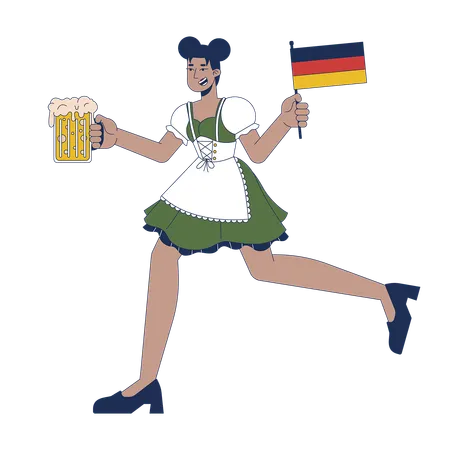 Mujer negra feliz corriendo con un oso y la bandera de Alemania  Ilustración