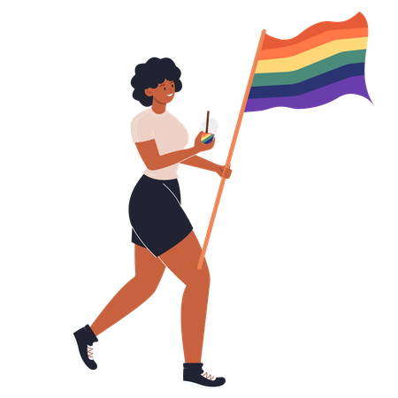 Mujer negra sosteniendo la bandera del arco iris  Ilustración