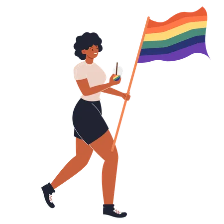 Mujer negra sosteniendo la bandera del arco iris  Ilustración