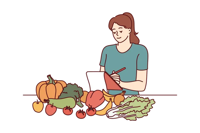 Una nutricionista está parada cerca de la mesa con verduras y tomando notas en un cuaderno  Ilustración