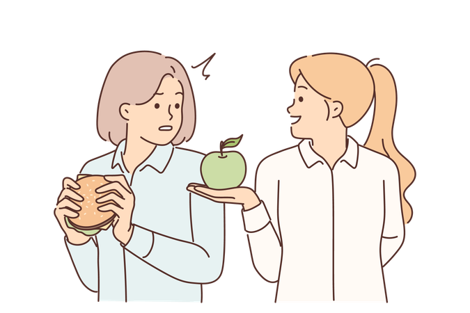 Mujer nutricionista ofrece manzana a niña que come comida rápida con alto contenido de colesterol y grasas  Ilustración