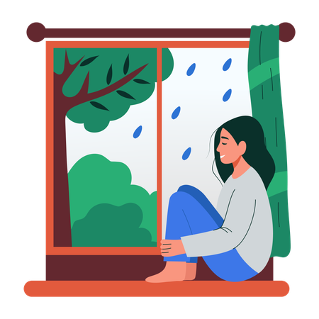 Mujer observando la fuerte lluvia desde la ventana  Ilustración
