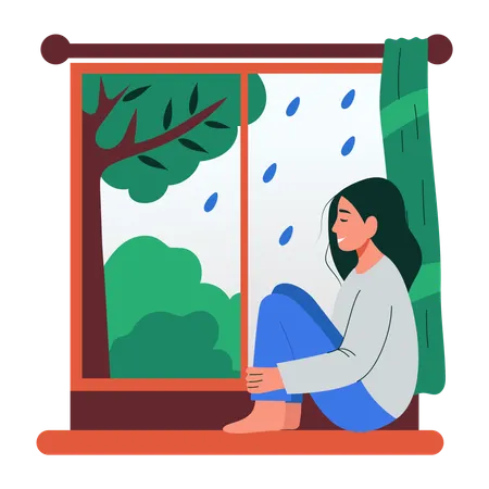 Mujer observando la fuerte lluvia desde la ventana  Ilustración