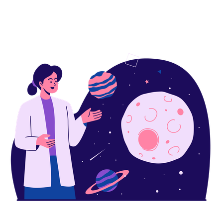 Mujer mirando varios planetas del espacio exterior  Ilustración