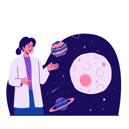 Mujer mirando varios planetas del espacio exterior  Ilustración