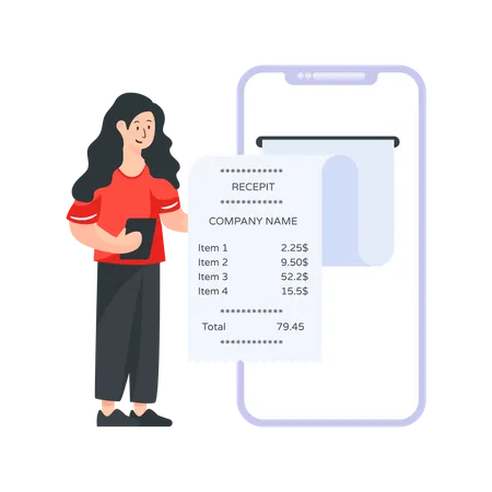 Mujer recibiendo factura en línea  Ilustración