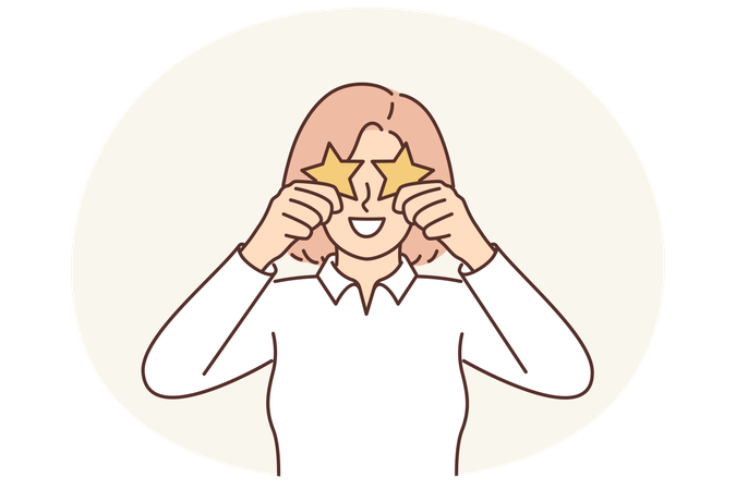 Una mujer esconde sus ojos tras unas estrellas, demostrando así su valoración de la calidad del servicio en un restaurante.  Ilustración