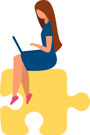 Mujer ocupada con computadora portátil sentada en la pieza del rompecabezas  Ilustración