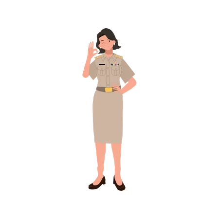 Funcionarias Del Gobierno Tailandes En Uniforme Mujer Profesora Tailandesa Haciendo Signo De Mano OK Bueno Ilustracion Vectorial Ilustración