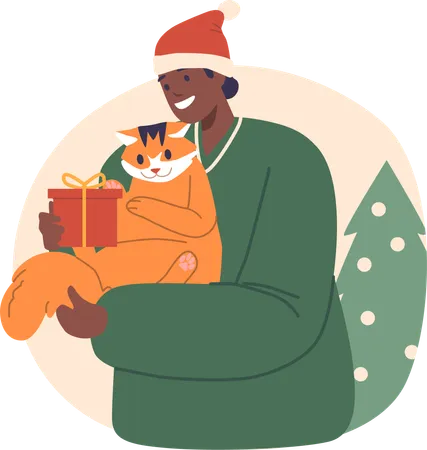 Mujer ofrece delicadamente un regalo de Navidad cuidadosamente envuelto a su compañero felino  Ilustración