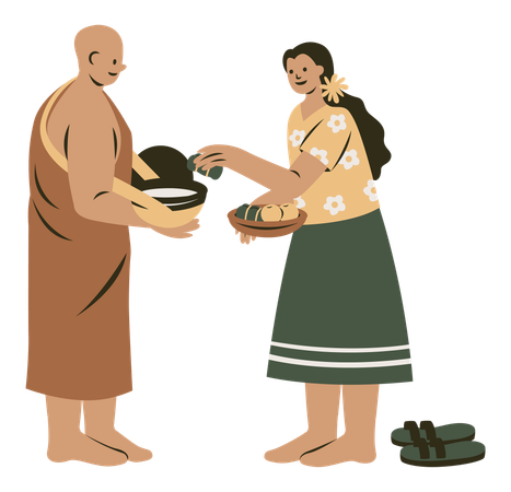 Mujer ofreciendo comida en un cuenco de limosna al monje.  Ilustración