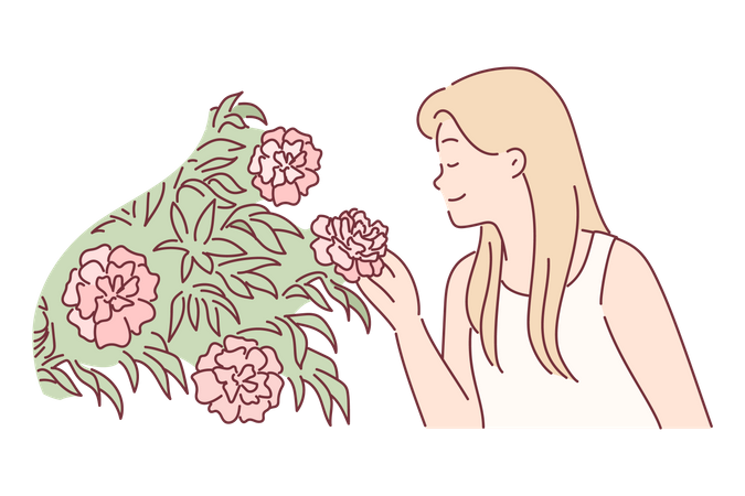 Mujer que huele a flor fresca  Ilustración