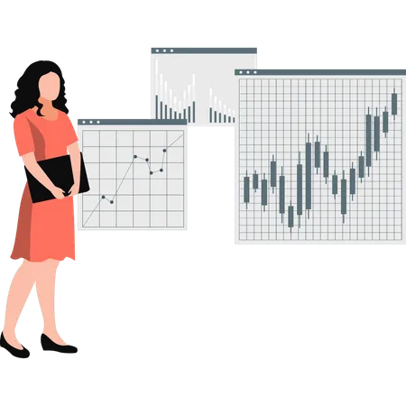 Mujer comerciando en el mercado de valores mediante análisis técnico  Ilustración