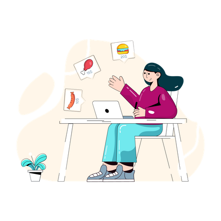 Mujer pidiendo comida en línea usando una computadora portátil  Ilustración