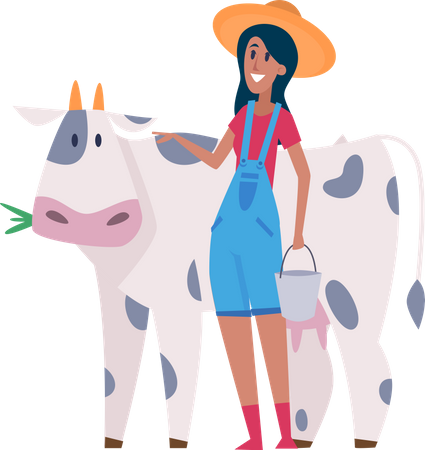 Mujer ordeñando vaca  Ilustración