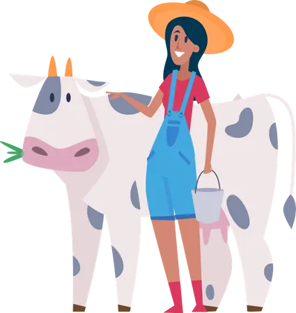 Mujer ordeñando vaca  Ilustración