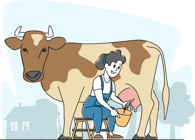 Mujer ordeñando vacas con las manos desnudas  Ilustración
