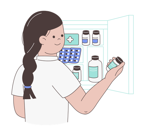 Mujer organizando medicamentos en un estante  Ilustración