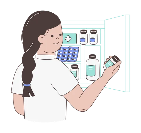 Mujer organizando medicamentos en un estante  Ilustración