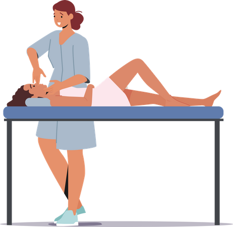 Mujer osteopática aplicando masaje facial  Ilustración