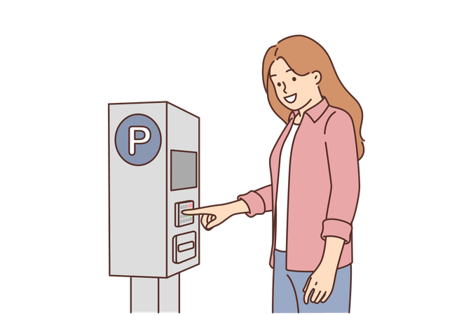Una mujer paga el estacionamiento de su automóvil usando una máquina de la calle para emitir un boleto o un cheque para evitar una multa  Ilustración