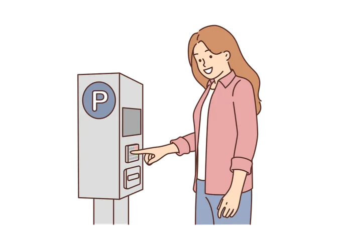 Una mujer paga el estacionamiento de su automóvil usando una máquina de la calle para emitir un boleto o un cheque para evitar una multa  Ilustración