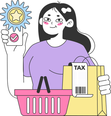 Mujer paga impuesto sobre la renta por compras  Ilustración